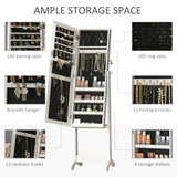 Lockable Mirrored Jewellery Cabinet with Adjustable Long Mirror, 4 Shelves & Necklace Hooks – White Armoire