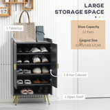 Slim Hallway Shoe Cabinet with Beadboard Doors & Gold Handles – Holds 15 Pairs