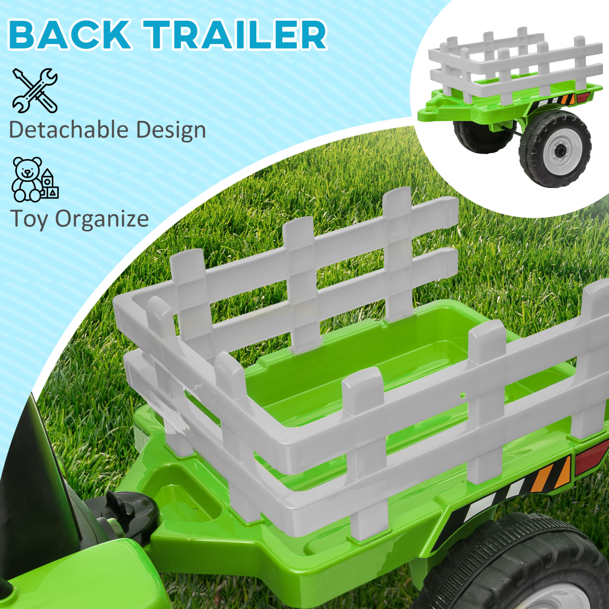 HOMCOM Ride-On Tractor with Detachable Trailer, Remote Control & Music – Kids Electric Toy, Green