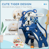 Kids 3-in-1 Slide with Climber & Basketball Hoop – Indoor Toddler Play Slide for 18-36 Months, Blue & Grey