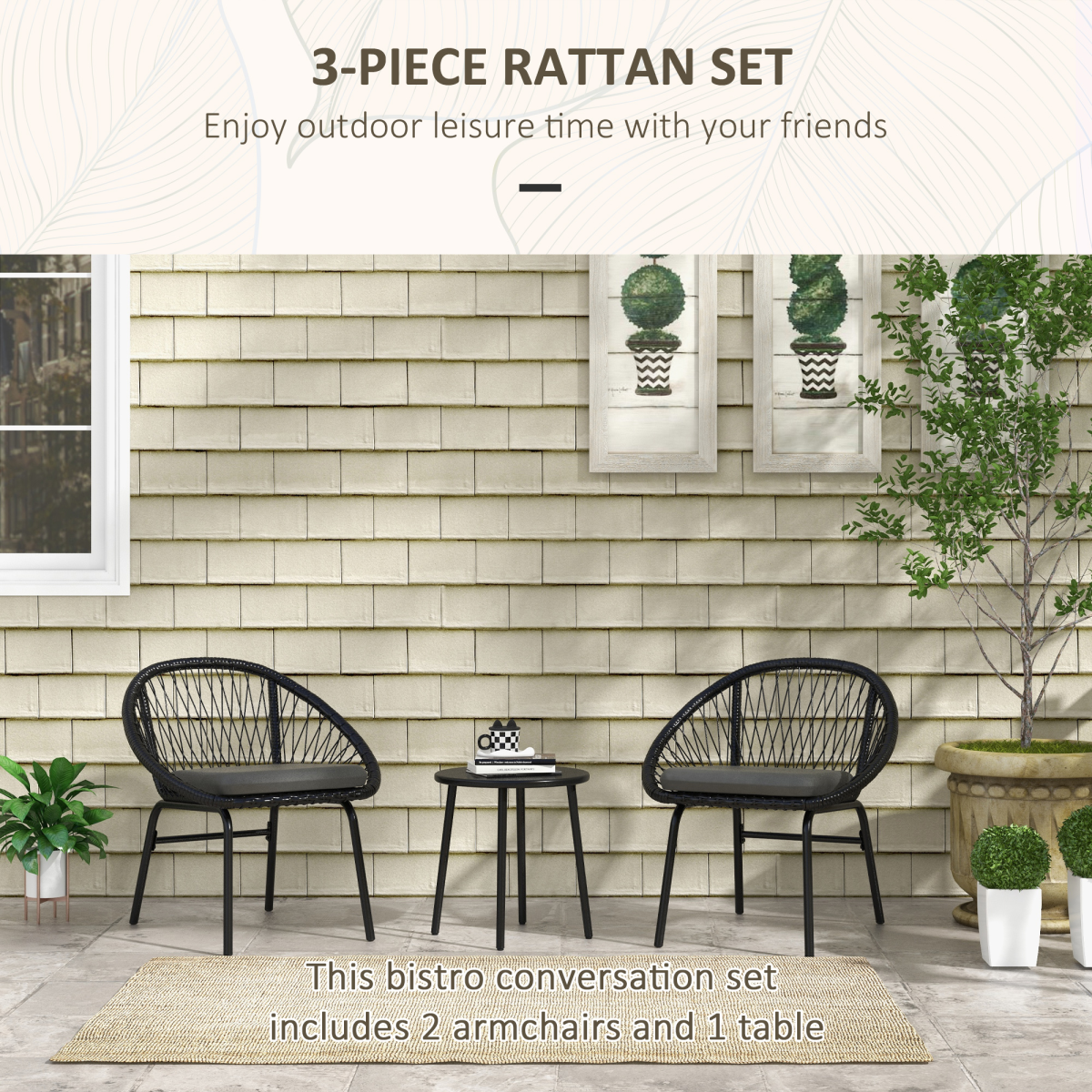 Outsunny 3-Piece Wicker Bistro Set with 2 Round Chairs, Padded Cushions & Metal-Top Coffee Table – Patio Balcony Furniture, Black/Dark Grey