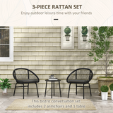 Outsunny 3-Piece Wicker Bistro Set with 2 Round Chairs, Padded Cushions & Metal-Top Coffee Table – Patio Balcony Furniture, Black/Dark Grey