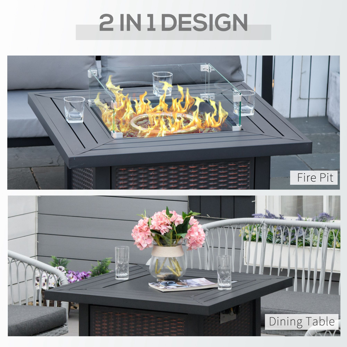 Outsunny Outdoor Propane Gas Fire Pit Table with Glass Wind Screen & Glass Beads, 50,000 BTU – Black