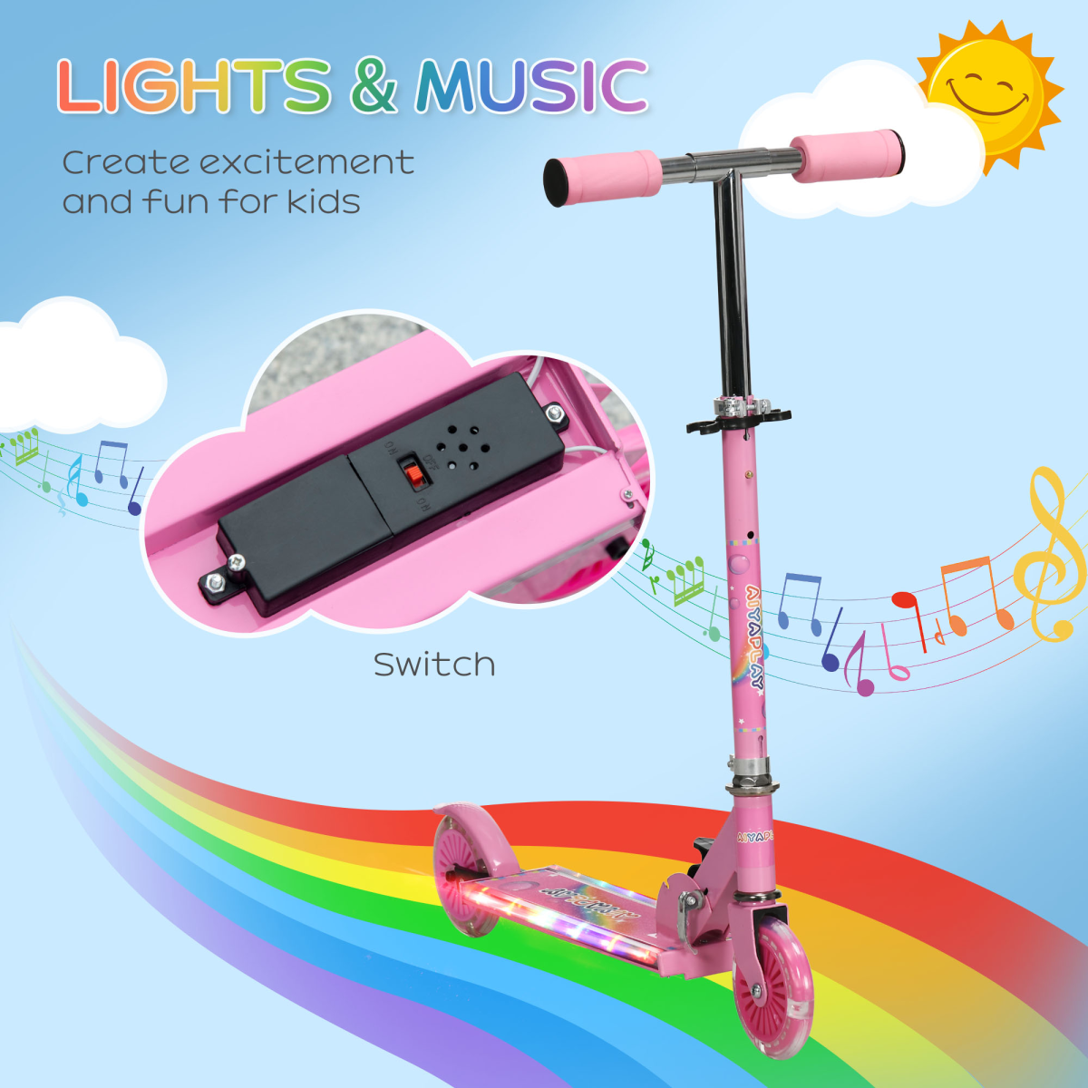 Kids Folding Scooter with Light-Up Wheels, Music and Adjustable Height – For Ages 3–7, Pink
