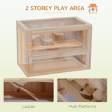 PawHut Wooden Hamster Cage with 2 Levels, Openable Mesh Roof & Ramp – Small Animal Hutch, 60 x 35 x 42cm