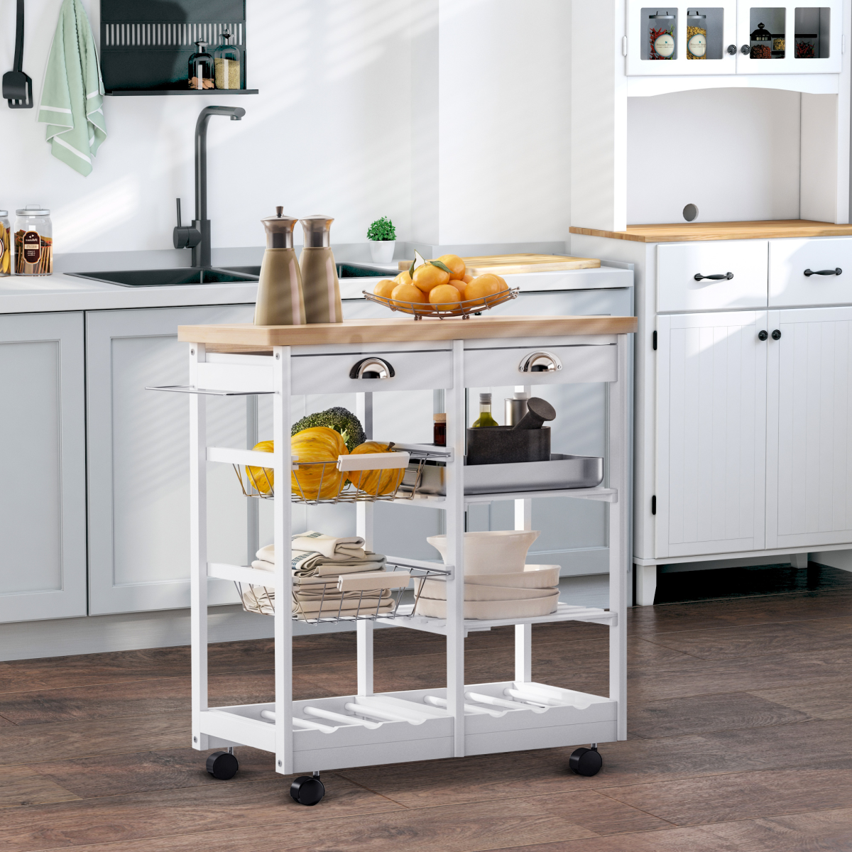 HOMCOM Compact Kitchen Island with Storage Shelves – Extra Prep Surface for Small Kitchens, White