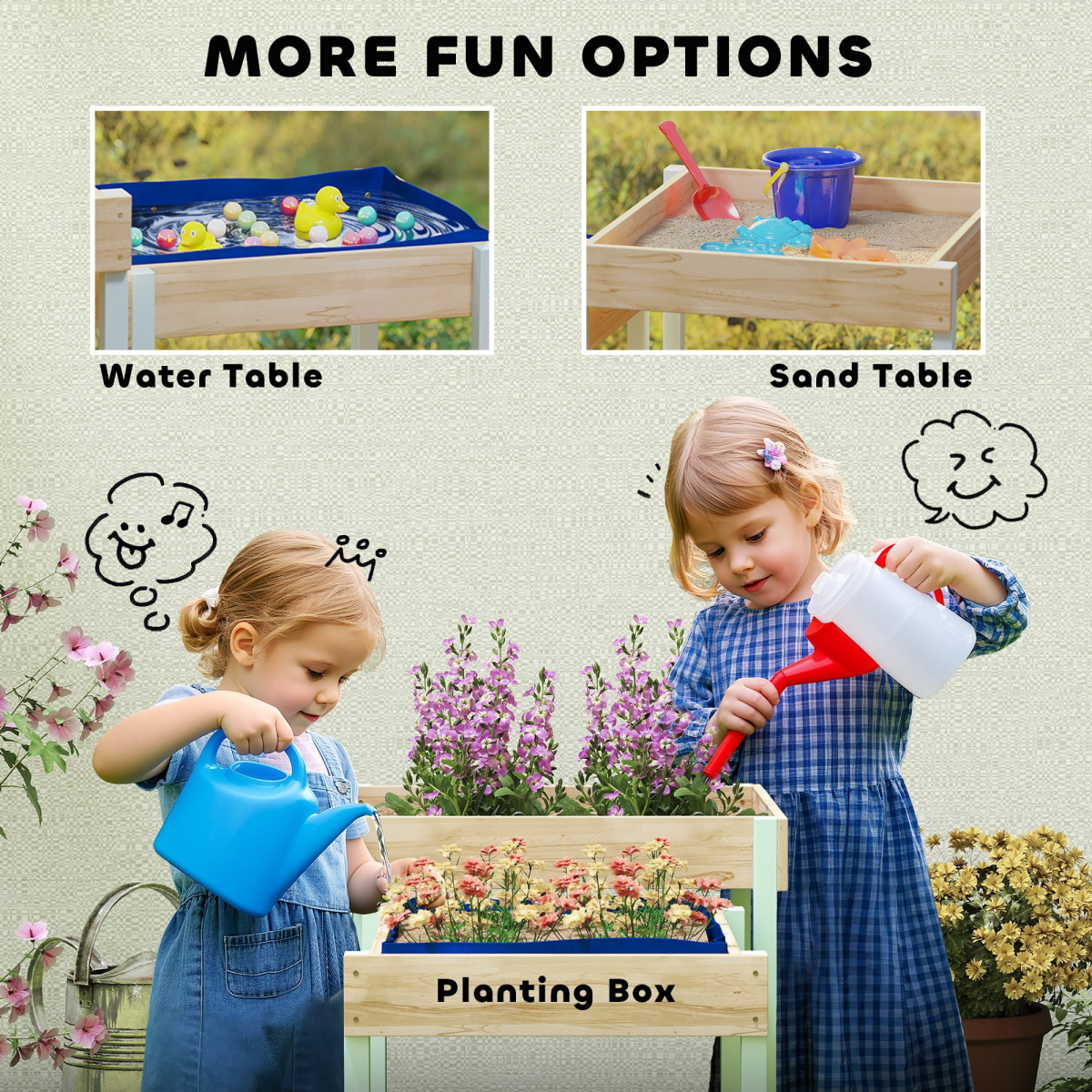 AIYAPLAY 2-Piece Wooden Sandpit and Water Play Table Set with Bottom Liner – Kids Outdoor Play, Natural Wood