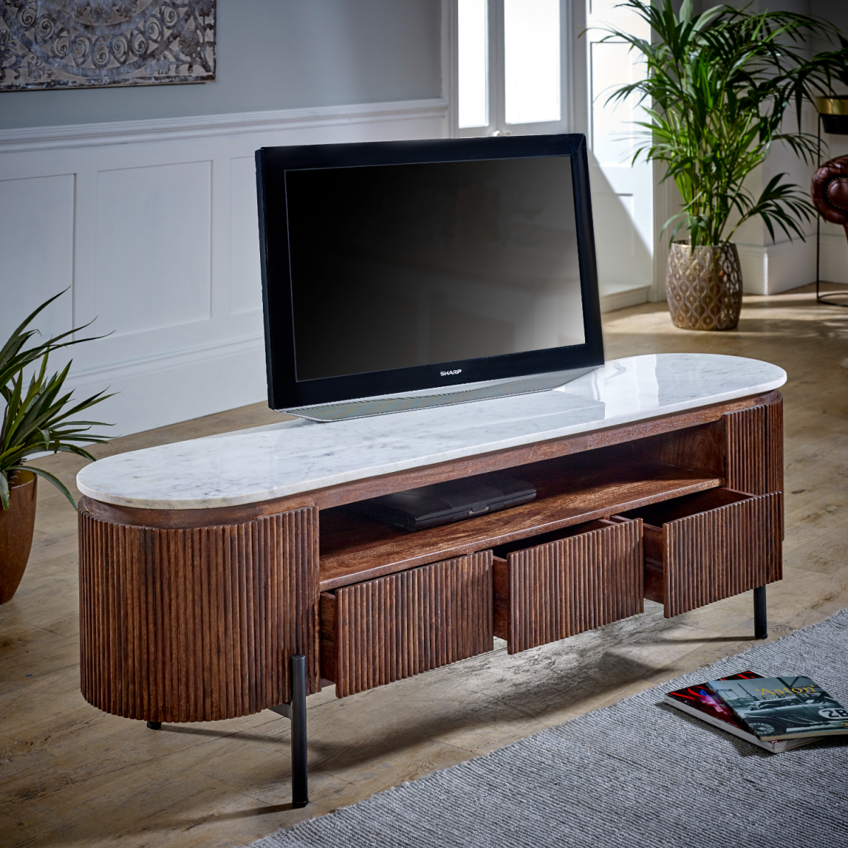 Opal Large Mango Wood TV Stand with Real Marble Top & Metal Legs – Media Unit for Wide-Screen TVs