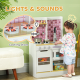 AIYAPLAY Kids Play Kitchen with Light & Sound Stove, Oven, Sink & Storage – Role Play Cooking Set, White