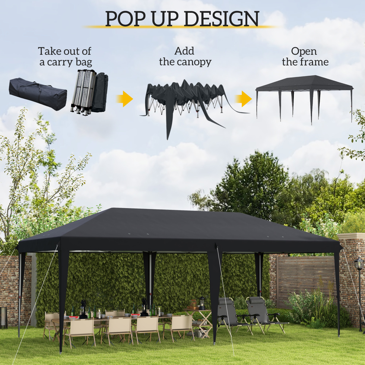 Outsunny 3 x 6m Heavy-Duty Pop Up Gazebo with Steel Frame & 3 Height Settings – Patio Party Canopy, Black