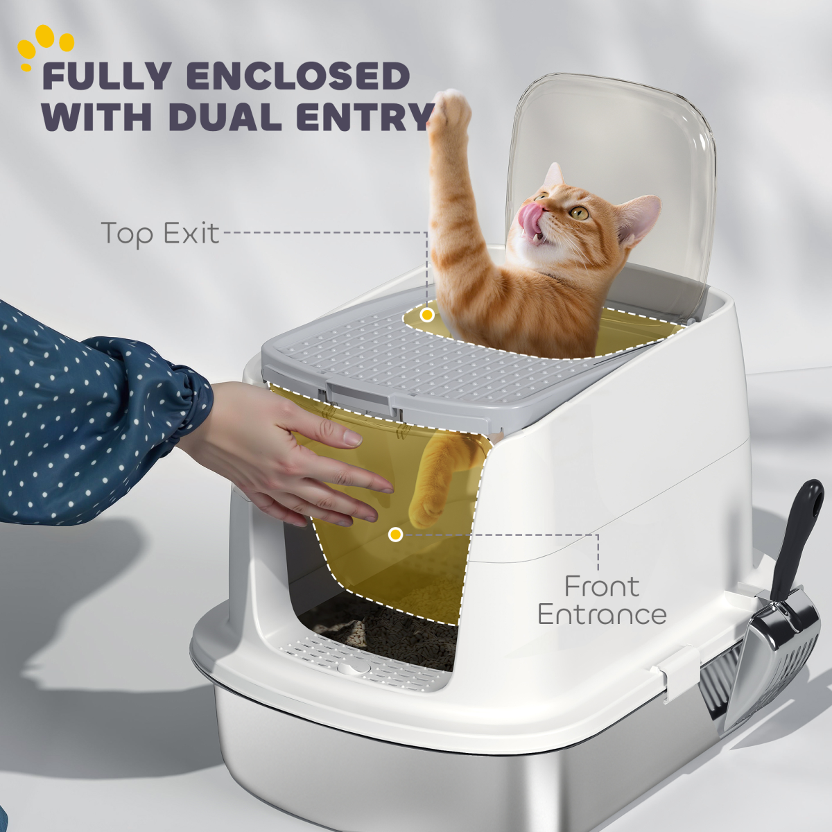 PawHut Enclosed Stainless Steel Cat Litter Box with Scoop, Front Entry & Top Exit – Scratch-Proof Litter Tray for Cats up to 5kg, White