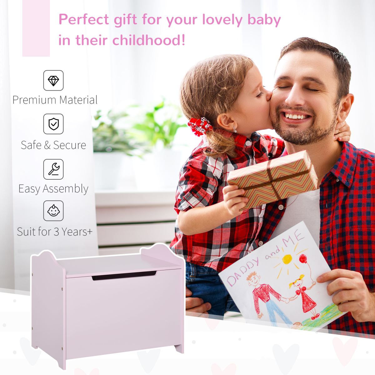 HOMCOM Kids Toy Box with Safety Lid – Pink Storage Chest for Bedroom, 60 x 40 cm, Ages 3+