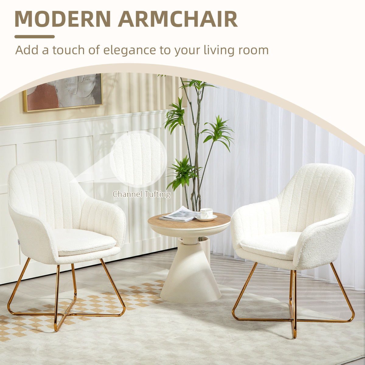 HOMCOM Cashmere-Feel Accent Armchairs with Steel Legs – Set of 2 Living Room Chairs, Cream White