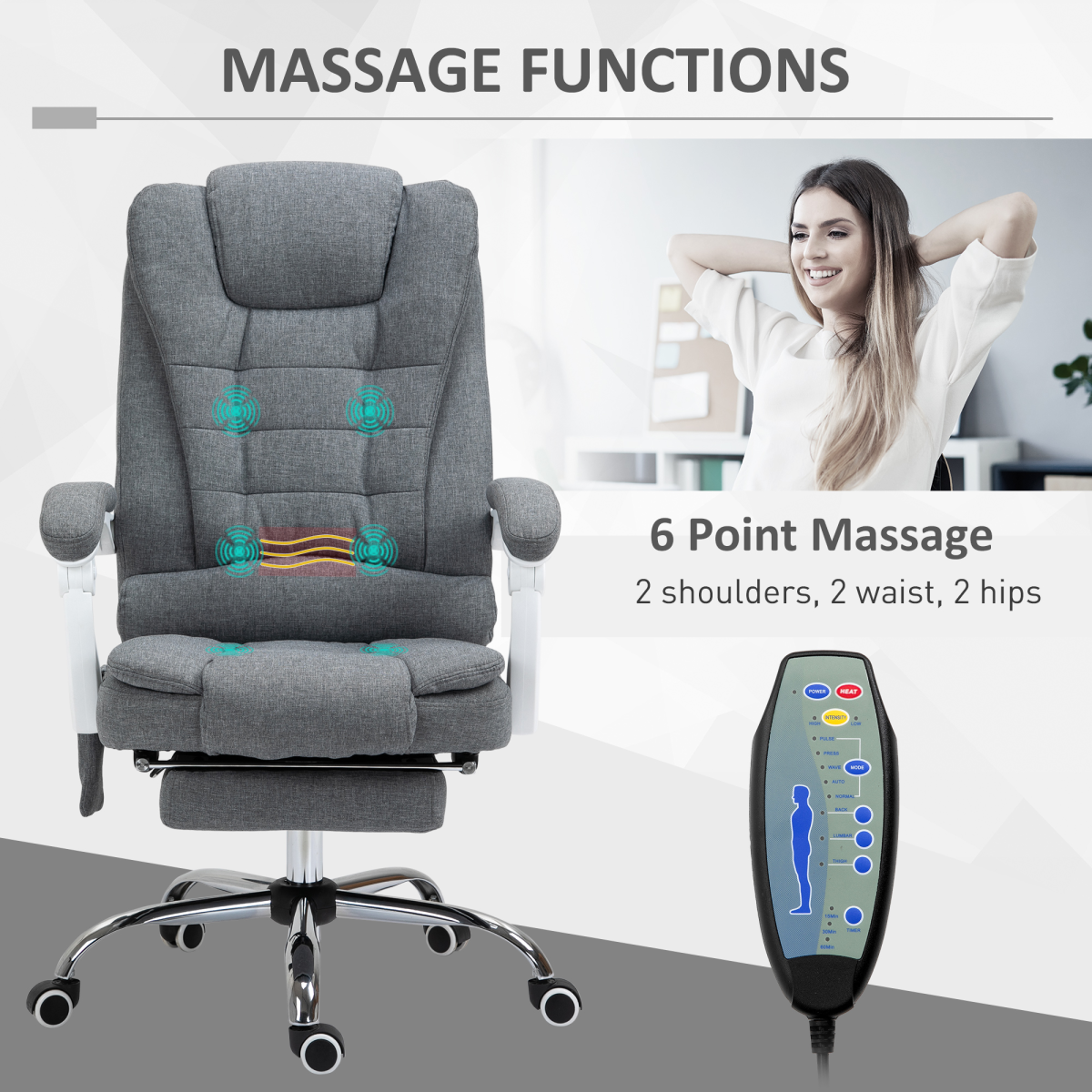 Vinsetto Heated Massage Office Chair with 6 Vibration Points – High Back Reclining Desk Chair, Grey