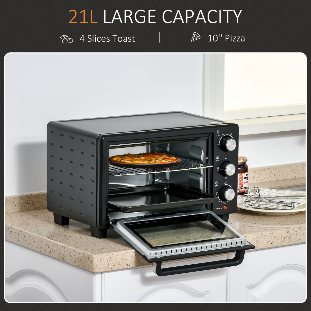 HOMCOM 21L Mini Oven & Grill with Timer, Baking Tray & Wire Rack, 1400W – Countertop Kitchen Oven