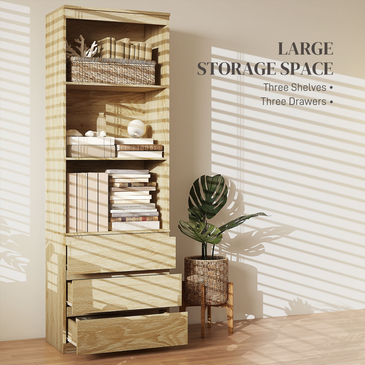 HOMCOM 180cm Tall Bookshelf Storage Unit with 3 Drawers and 3 Open Shelves – Oak Effect
