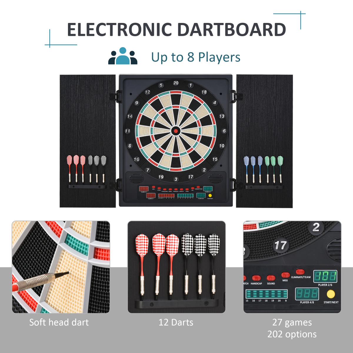 HOMCOM Electronic Dartboard with LED Scoreboard, 27 Games & Storage Cabinet – For Up to 8 Players