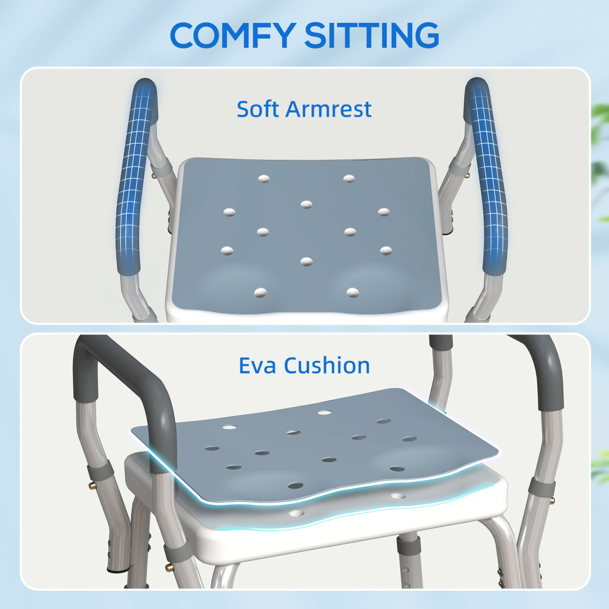 HOMCOM Rust-Free Aluminium Bath Chair with 6-Level Adjustable Height & Anti-Slip Mats – Light Blue