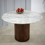 Opal Round Mango Wood Dining Table with White Marble Top – Handmade Artisan Table for Sociable Dining
