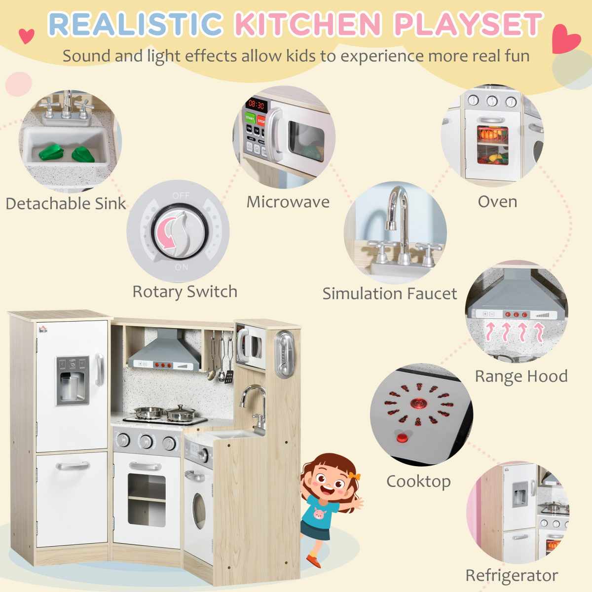 HOMCOM Corner Kids Kitchen with Sound & Light, Phone, Microwave, Oven & Range Hood – Wooden Role Play Set