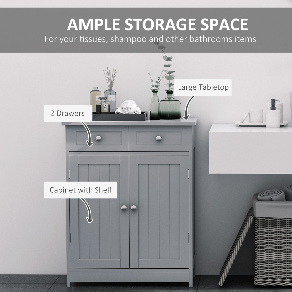 kleankin Bathroom Floor Storage Cabinet with 2 Drawers & Cupboard – Grey Freestanding Bathroom Storage