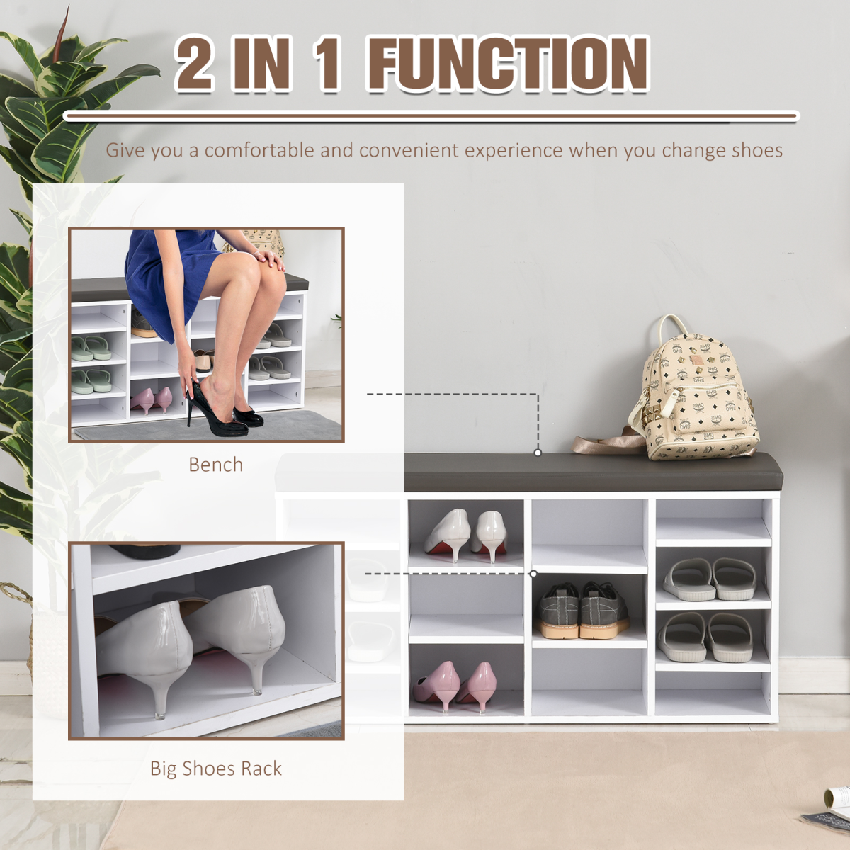 HOMCOM PU Leather 14-Compartment Shoe Storage Bench with Padded Seat – Hallway Seating, Brown/White