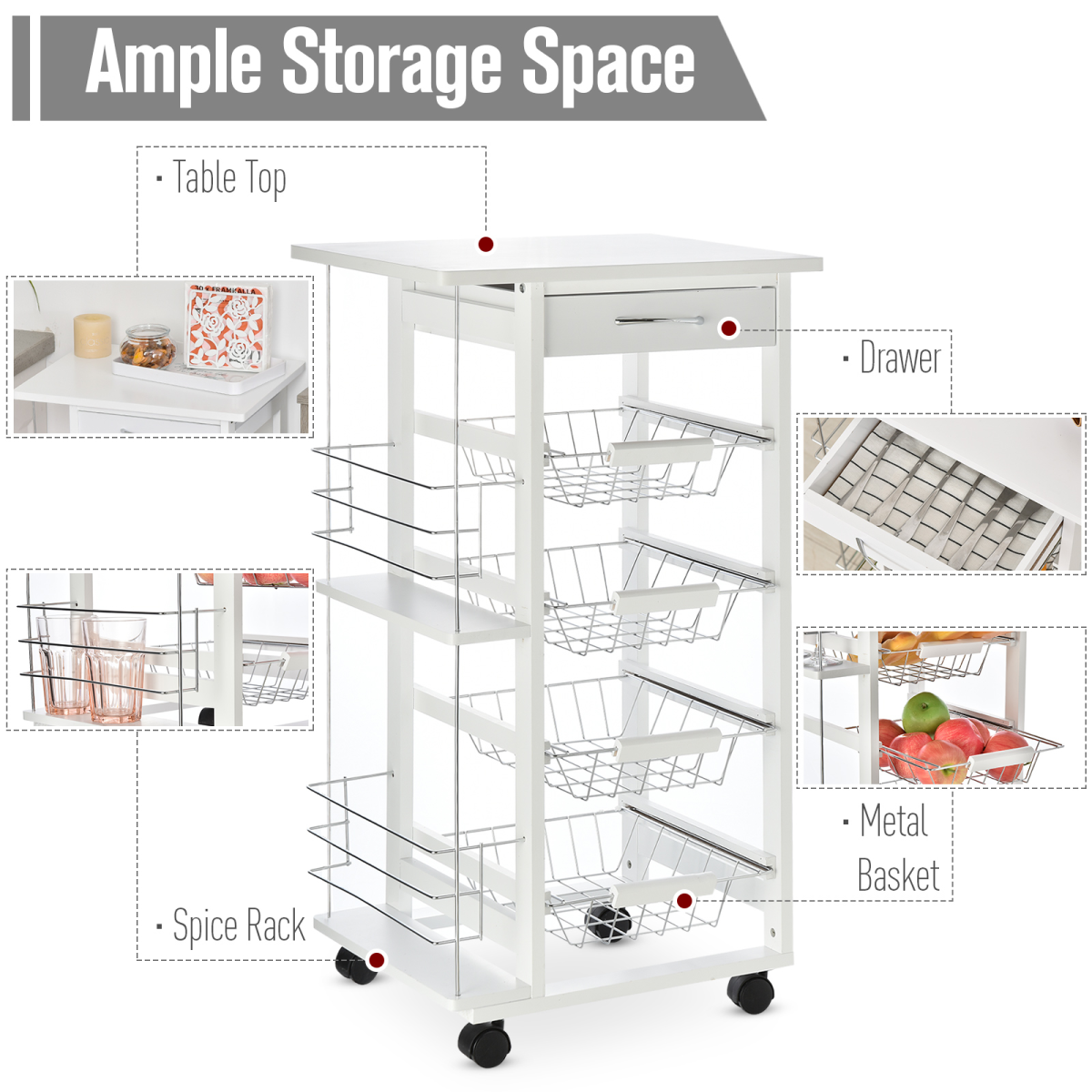 HOMCOM Multifunction Kitchen Island Trolley with Drawer, Side Racks & Storage Cabinet – White
