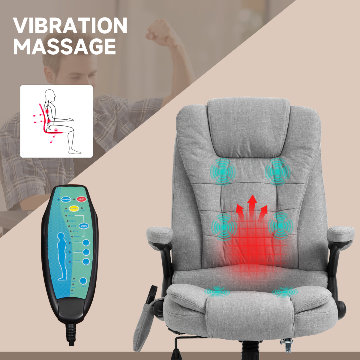 Executive Reclining Office Chair with Heated Massage, Padded Headrest – Height Adjustable Swivel Chair, Grey