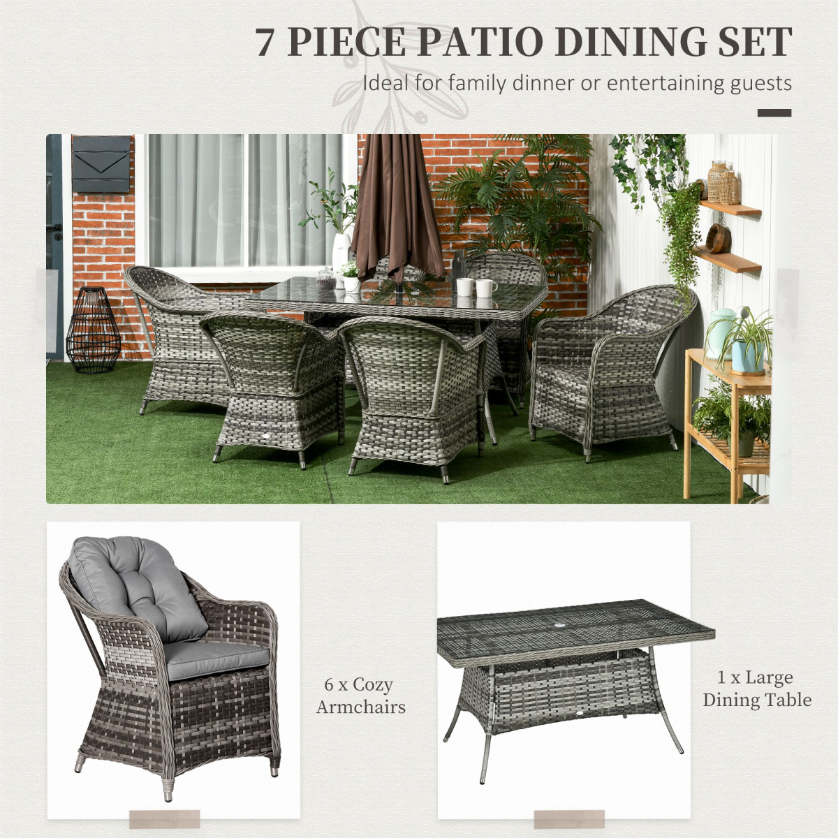 Outsunny 7-Piece Rattan Garden Dining Set with Tempered Glass Table, Umbrella Hole & Cushioned Armchairs