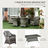 Outsunny 7-Piece Rattan Garden Dining Set with Tempered Glass Table, Umbrella Hole & Cushioned Armchairs