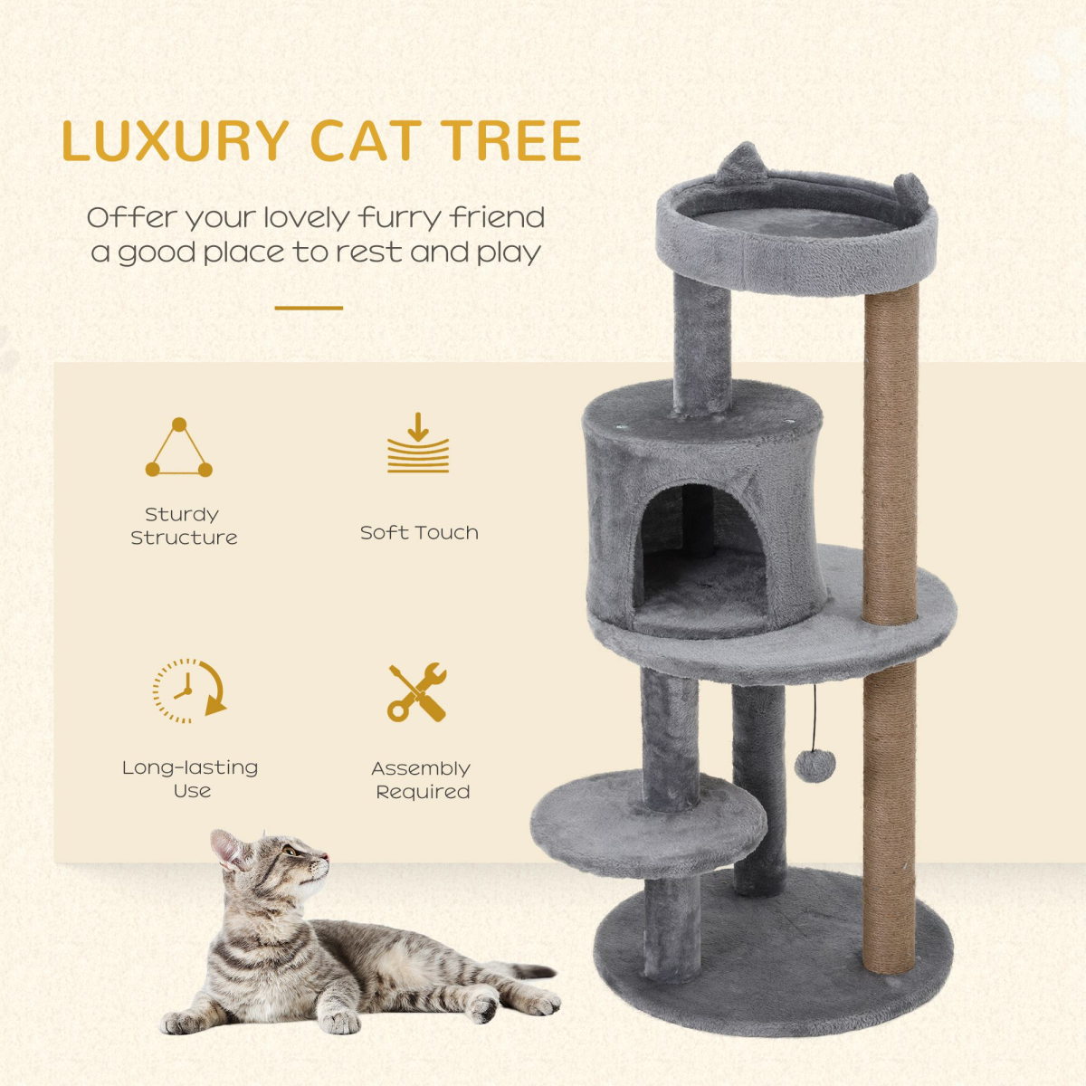 PawHut 104cm Deluxe Cat Activity Tree with Sisal Scratching Posts, Ear Perch, House & Hanging Ball – Grey