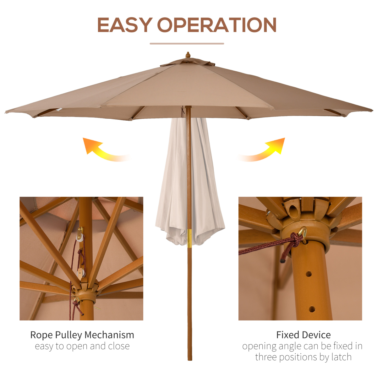 Outsunny 3m Wooden Garden Parasol with Bamboo Ribs & Pull-Rope Pulley – Tilting Sun Shade Umbrella, Khaki