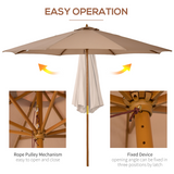 Outsunny 3m Wooden Garden Parasol with Bamboo Ribs & Pull-Rope Pulley – Tilting Sun Shade Umbrella, Khaki