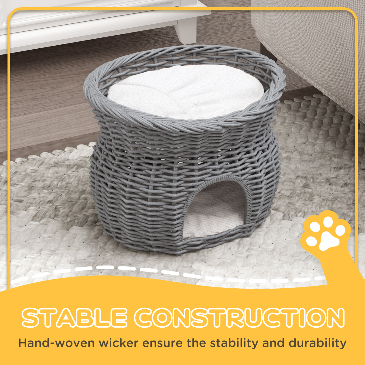PawHut 2-Tier Willow Cat Condo with Padded Cushions – Elevated Wicker Pet Bed, Grey