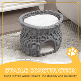 PawHut 2-Tier Willow Cat Condo with Padded Cushions – Elevated Wicker Pet Bed, Grey