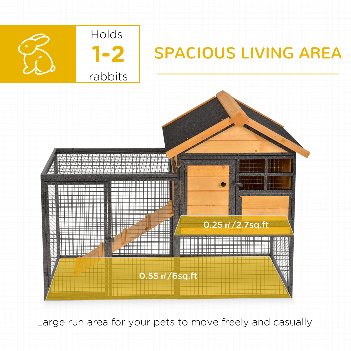 PawHut Wood-Metal Rabbit Hutch with Run, Ramp & Pull-Out Tray – Elevated Outdoor Pet House, 122 x 63 x 92 cm