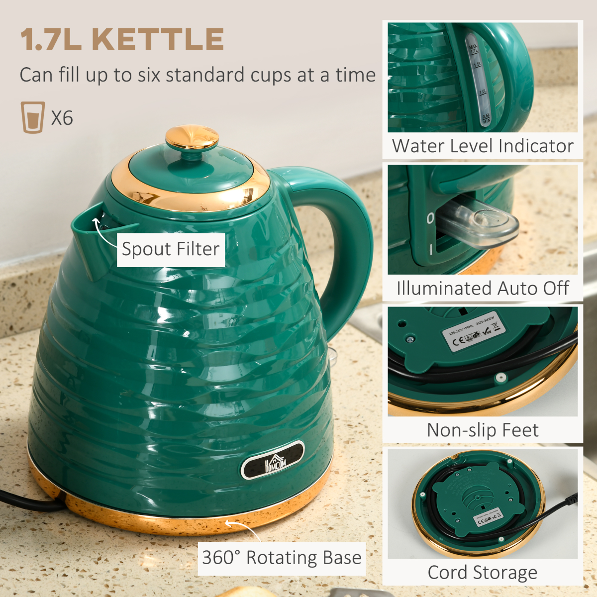 HOMCOM Pebbled 1.7L Rapid Boil Kettle & 4-Slice Toaster Set – Matching Breakfast Duo, Green
