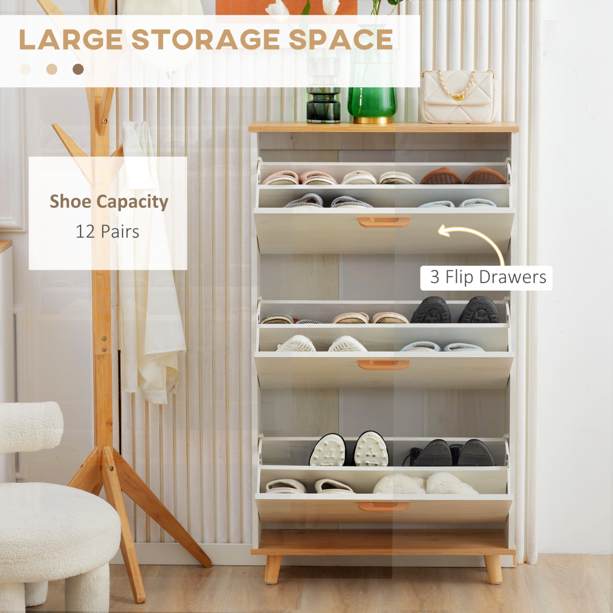 HOMCOM Slim 12 Pair Shoe Storage Cabinet with 3 Flip Drawers – Space-Saving Hallway Organiser