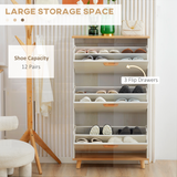 HOMCOM Slim 12 Pair Shoe Storage Cabinet with 3 Flip Drawers – Space-Saving Hallway Organiser