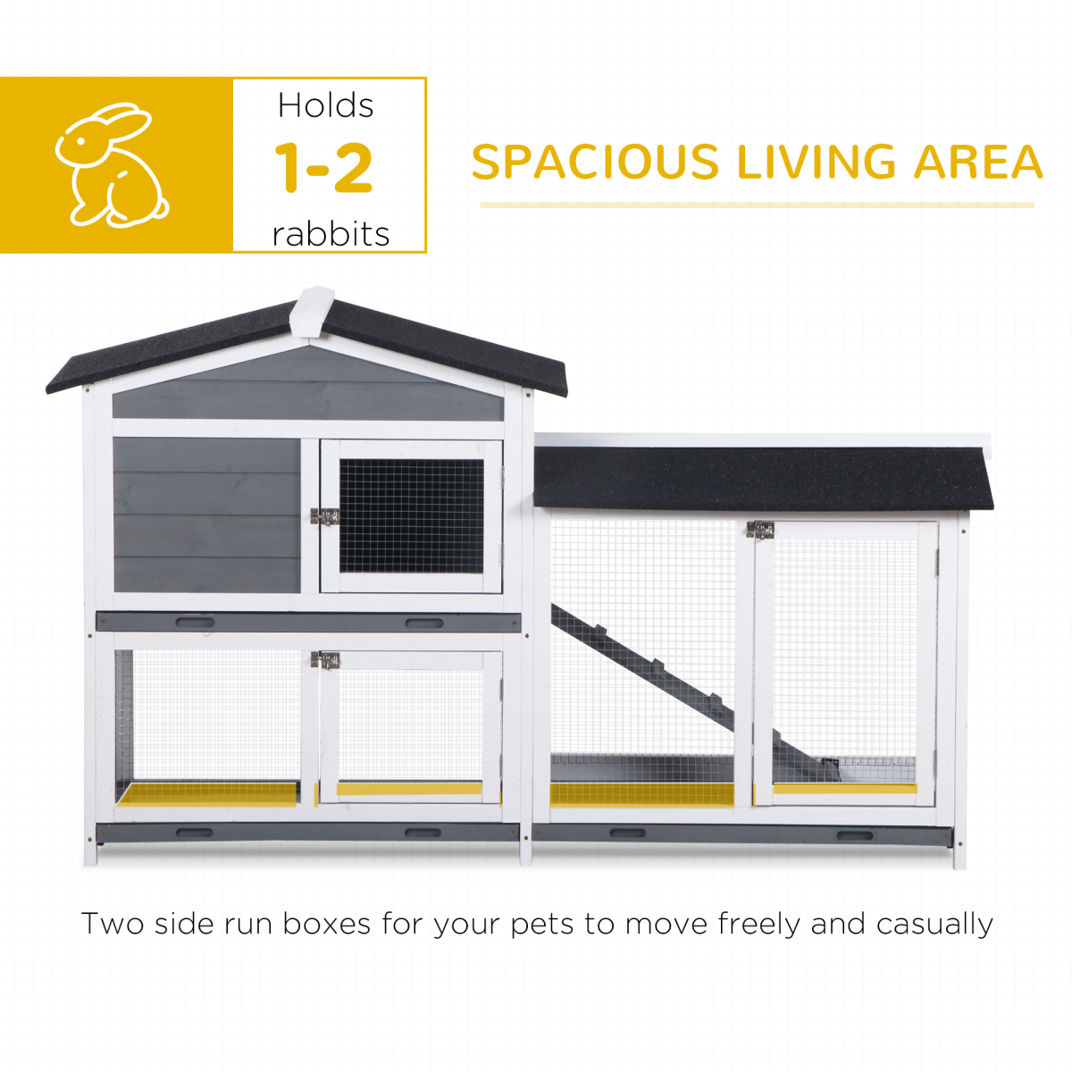 Wooden Rabbit Hutch and Run with Elevated House, Ramp, Asphalt Roof and Slide-Out Trays – 157 x 53 x 93cm