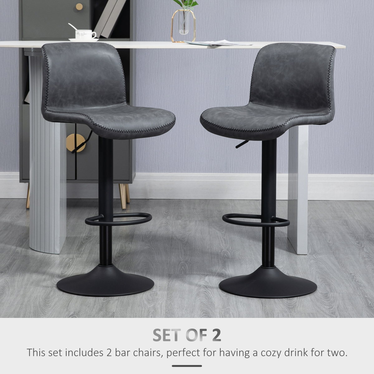 HOMCOM Retro PU Leather Bar Stools, Set of 2 with Adjustable Height, 360° Swivel Seat & Footrest