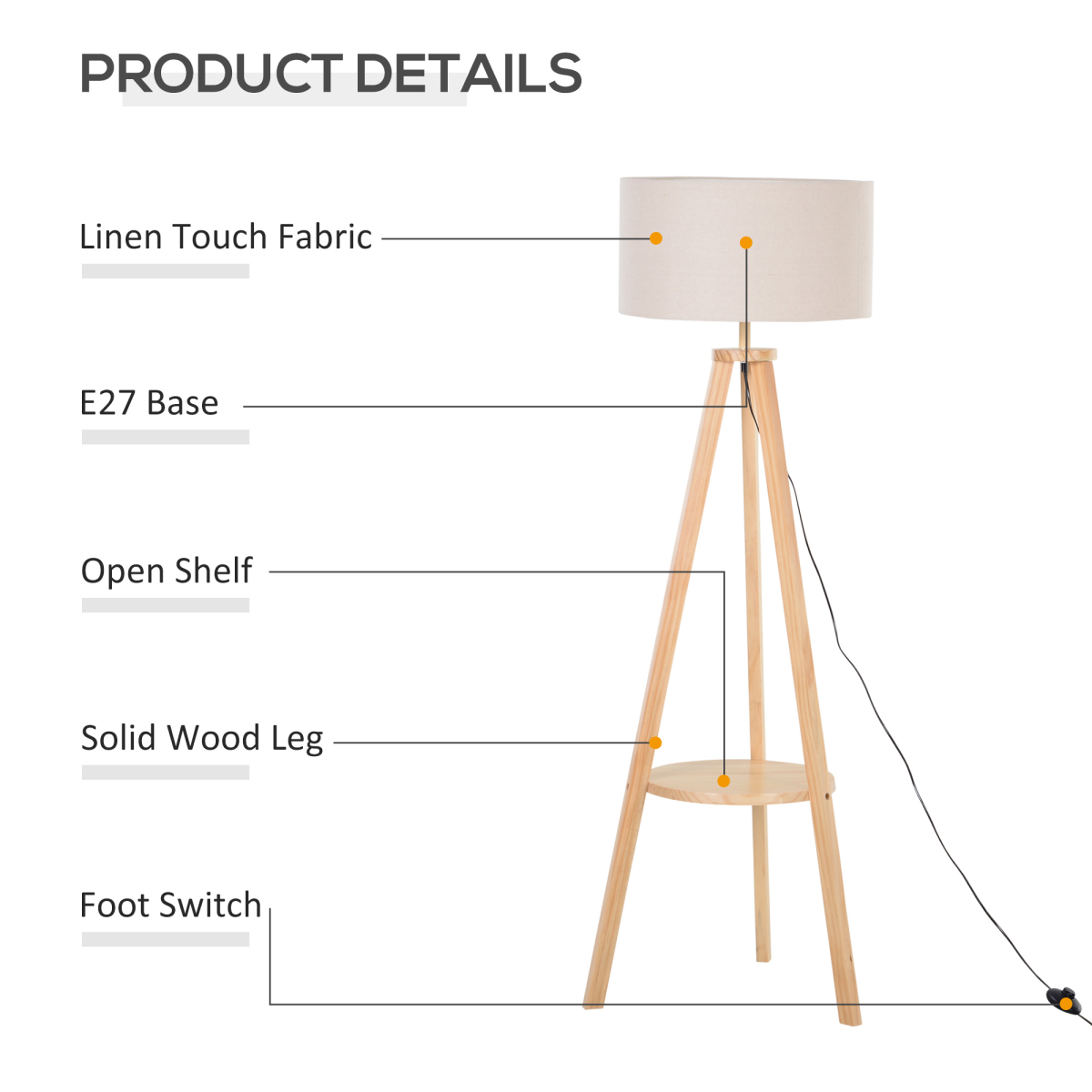 HOMCOM Wooden Tripod Floor Lamp with Cream Linen Shade, 154cm – Scandi-Style Lighting