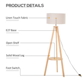 HOMCOM Wooden Tripod Floor Lamp with Cream Linen Shade, 154cm – Scandi-Style Lighting