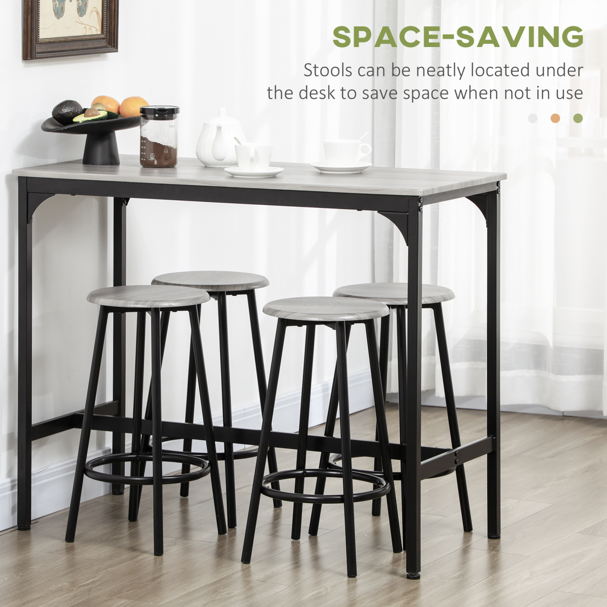 5-Piece Pub Table and Chair Set with MDF Top & Metal Frame, 4 Stools – Space-Saving Bar Set, Grey & Black