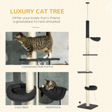 PawHut Floor-to-Ceiling Cat Tree, 240–270 cm Height Adjustable with Bed, Hammock and Sisal Posts, Black