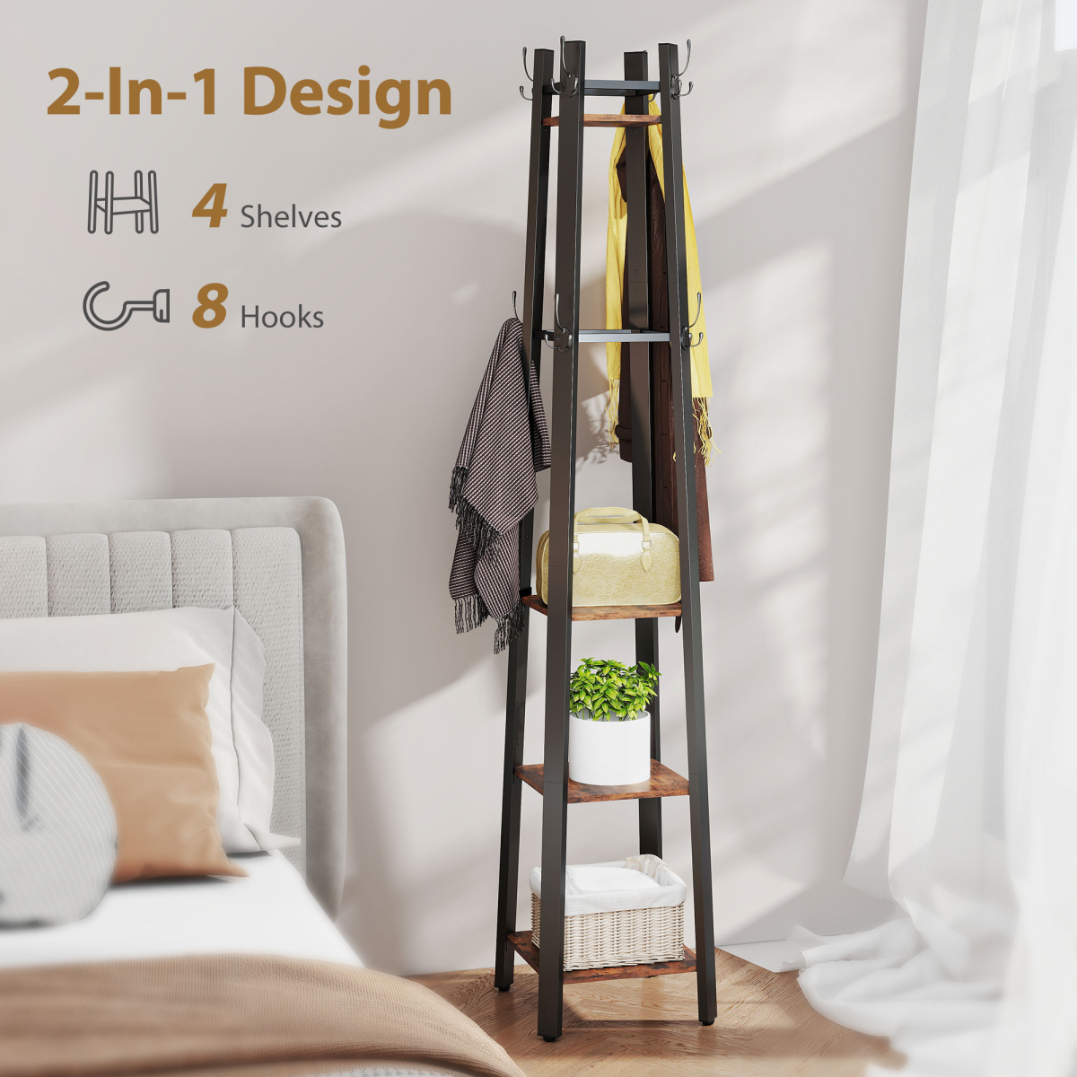 Industrial Coat Stand with 4 Shelves & 8 Triple Hooks – Slim Hallway Storage, Rustic Brown