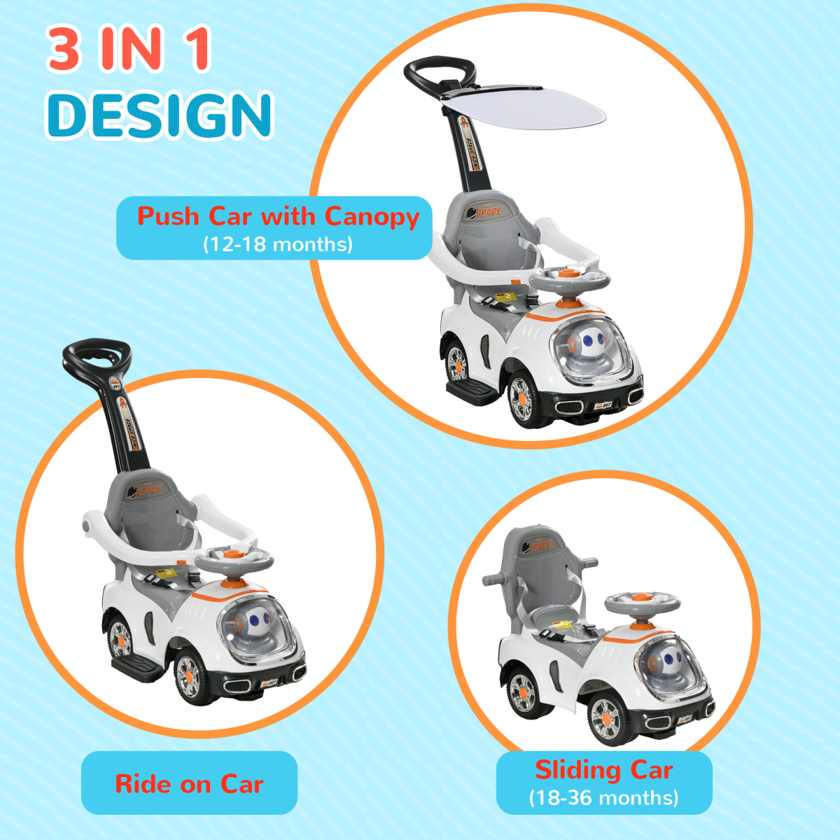 AIYAPLAY 3 in 1 Ride-On Push Car with Parent Handle & Canopy – Robot Foot to Floor Slider, 12-36 Months, White