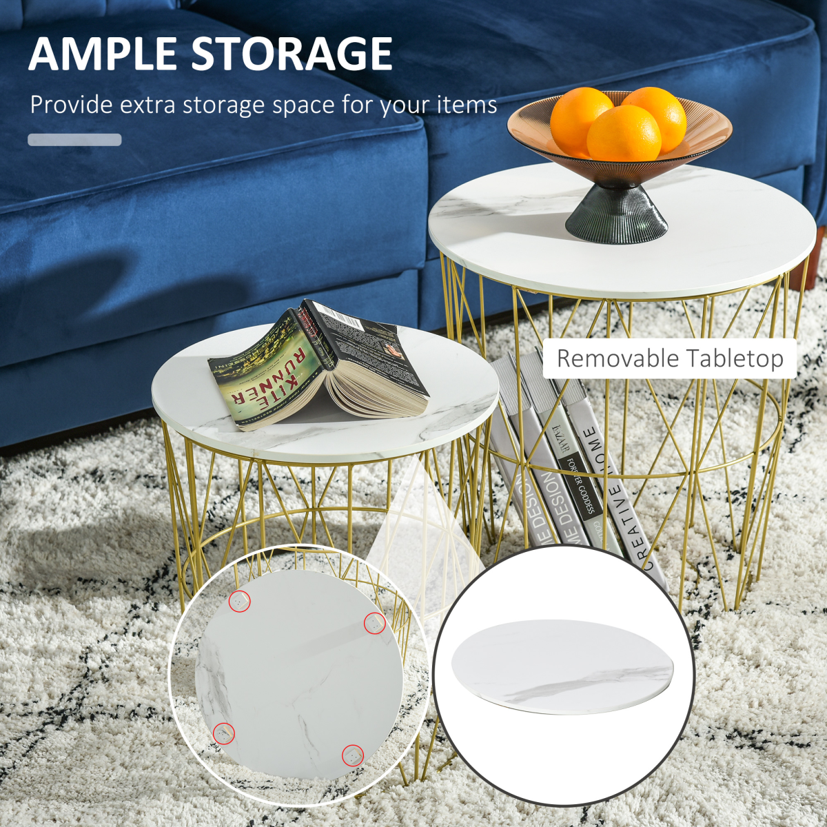 HOMCOM Set of 2 Nesting Side Tables with Marble-Effect Removable Top and Basket – Gold Steel Frame, White