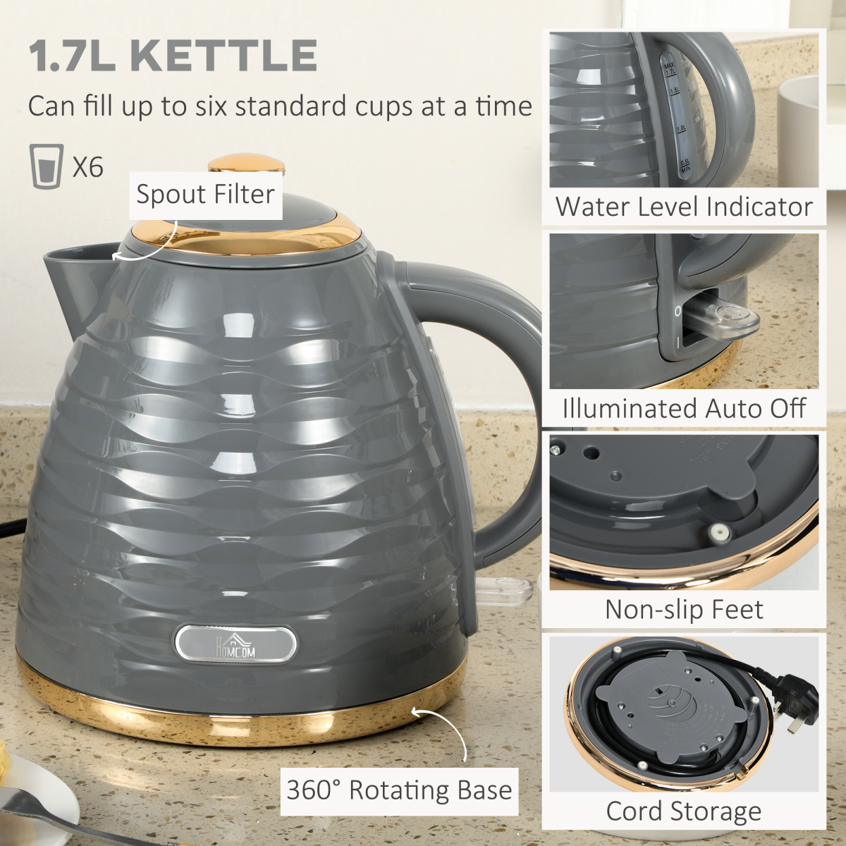 HOMCOM Kettle and Toaster Set with 1.7L Rapid Boil Kettle & 4-Slice Toaster – Matching Breakfast Set, Grey
