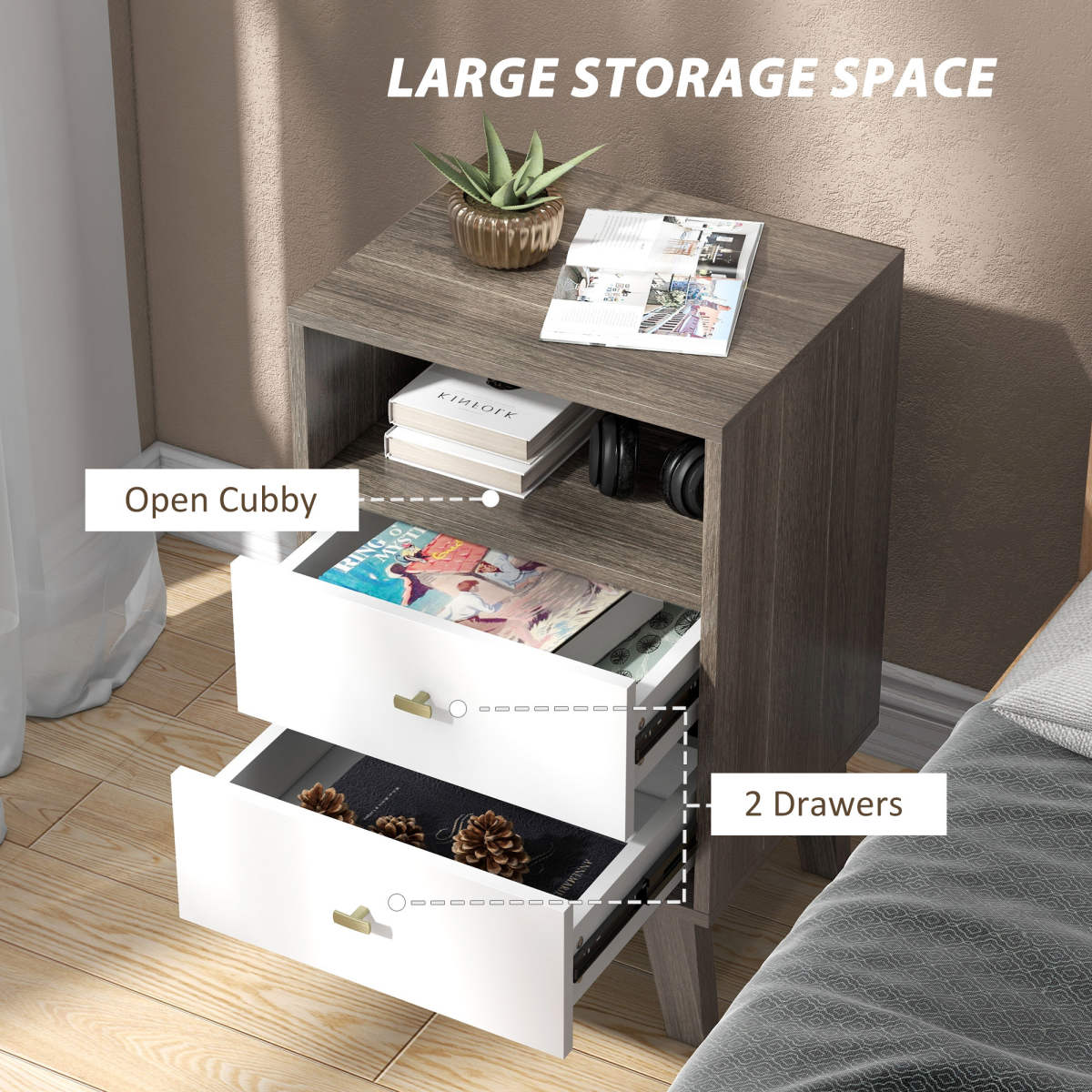 HOMCOM Modern Bedside Tables Set of 2 with 2 Drawers & Open Cubby – Scandinavian-Industrial Nightstands